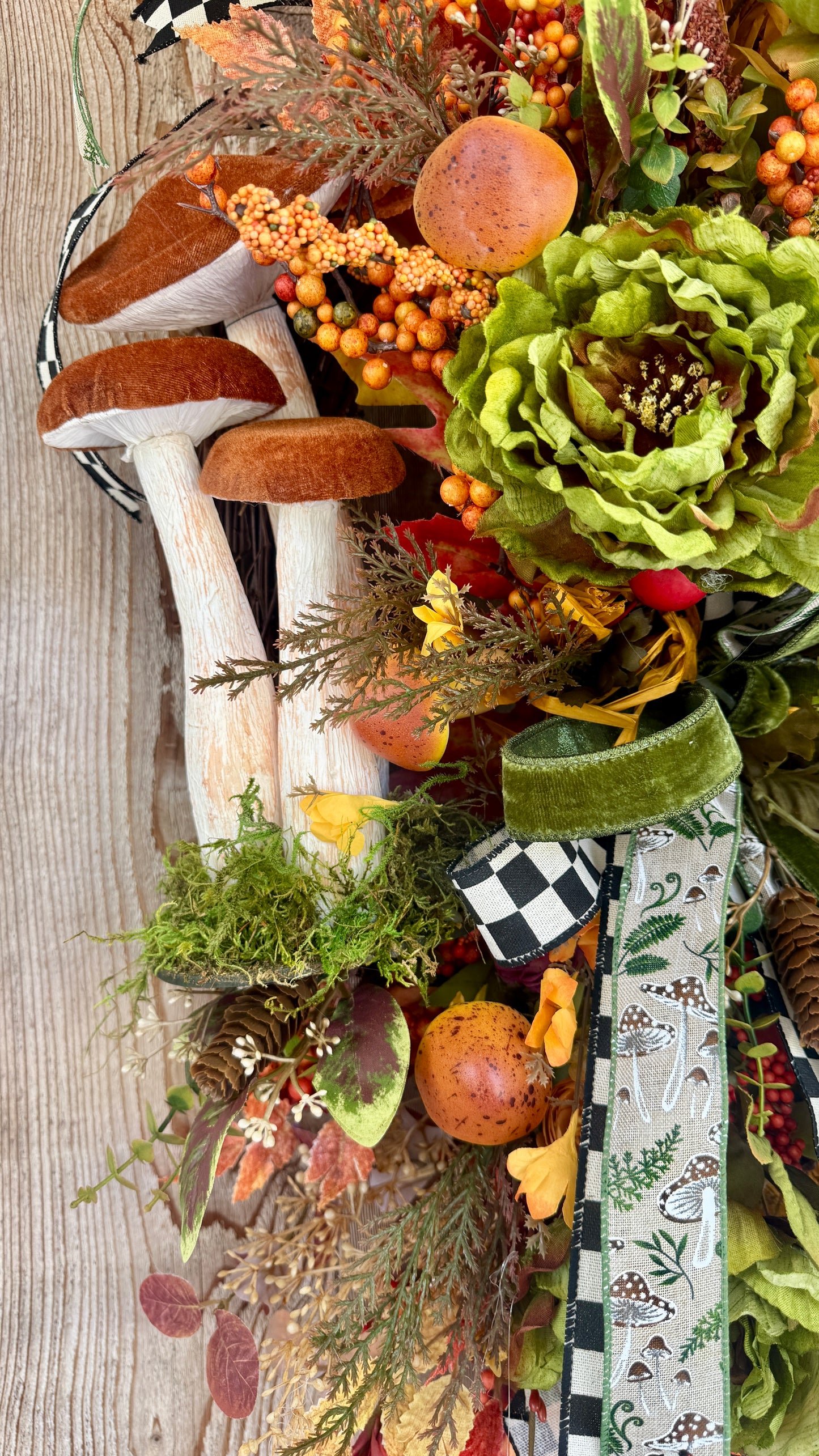Large Fall Mushroom Grapevine Wreath | Whimsical Autumn Door Hanger with Faux Mushrooms, Pumpkins, Green Cabbage Roses & Designer Ribbon