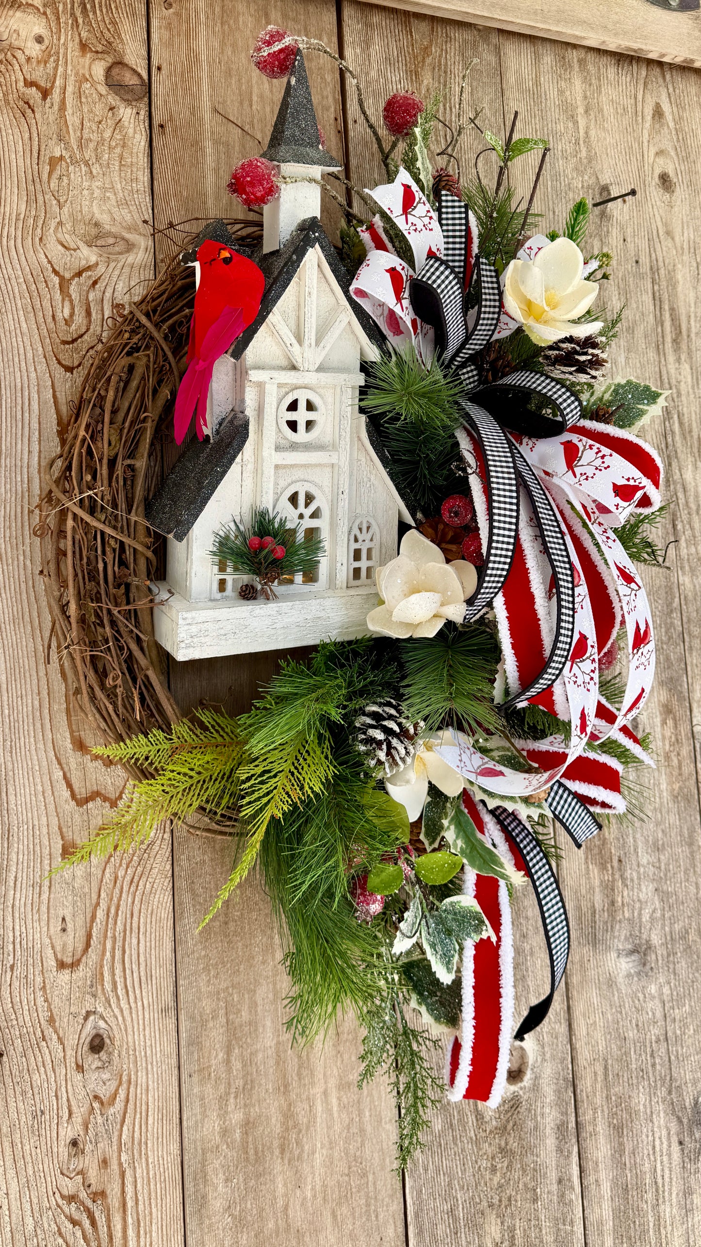 Cardinal Church Lighted Grapevine Wreath