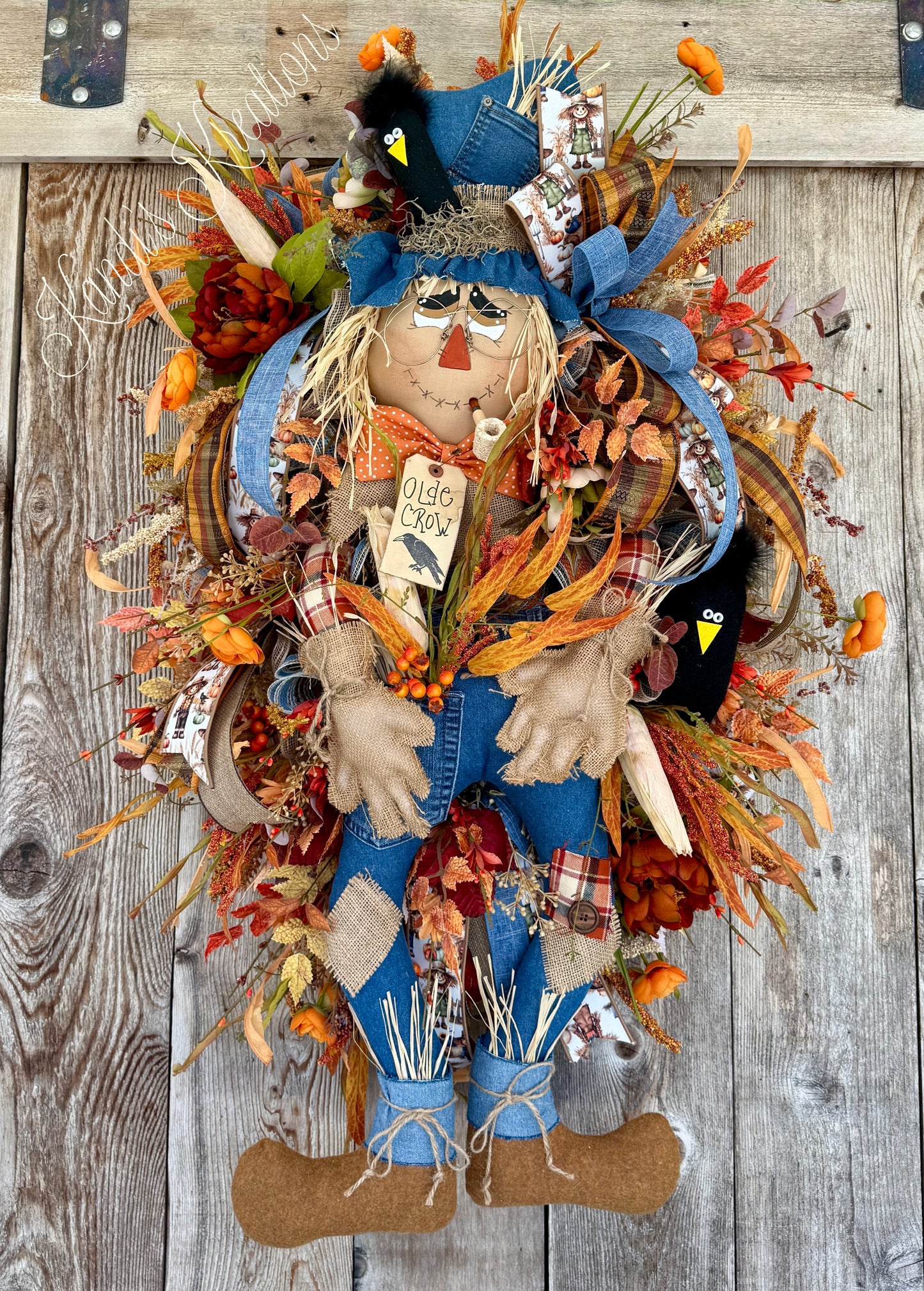 Rustic Denim Scarecrow Fall Wreath – Handmade Autumn Front Door Décor