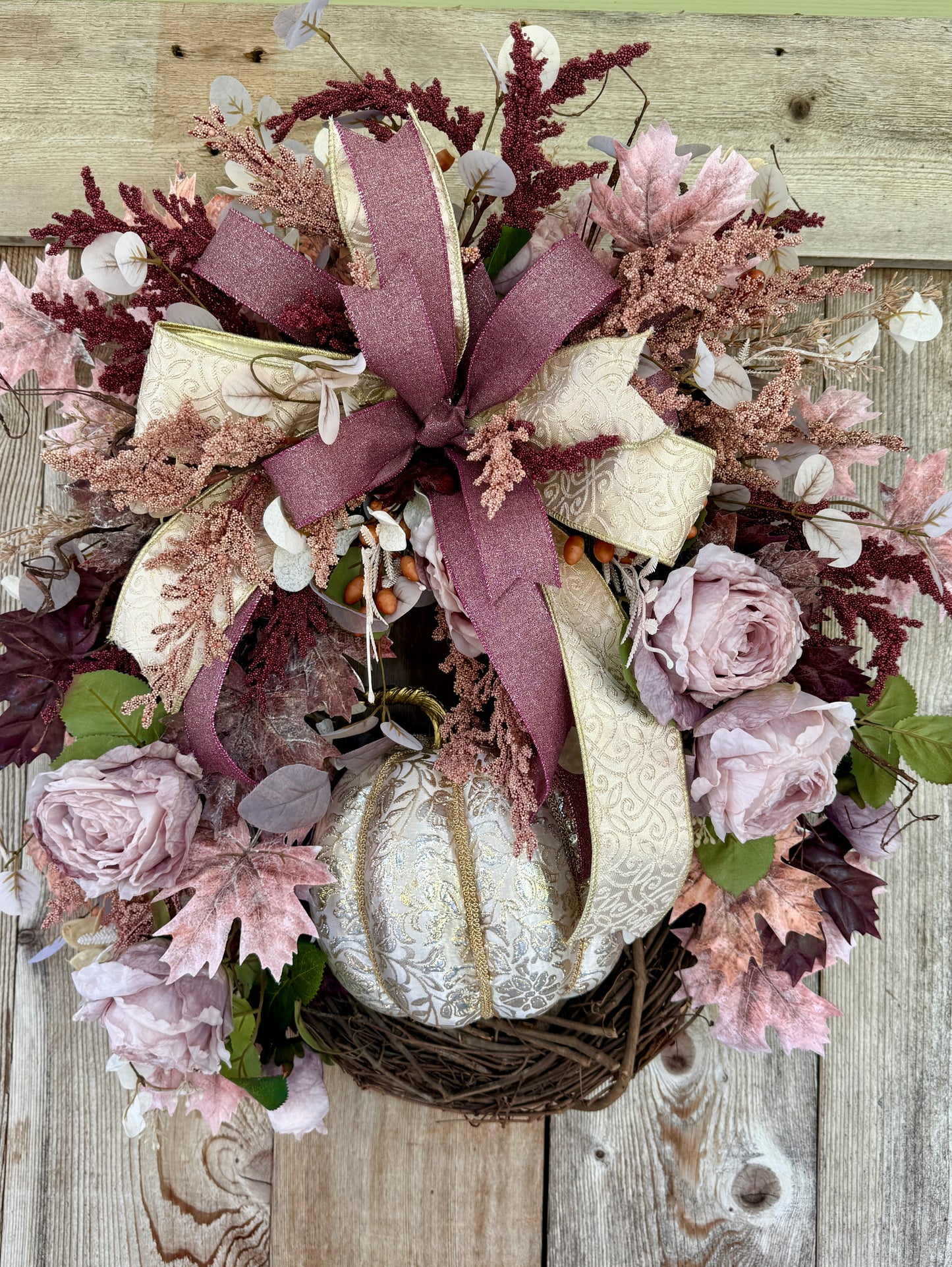 Elegant Blush & Burgundy Fall Wreath with Pumpkin | Romantic Autumn Grapevine Wreath