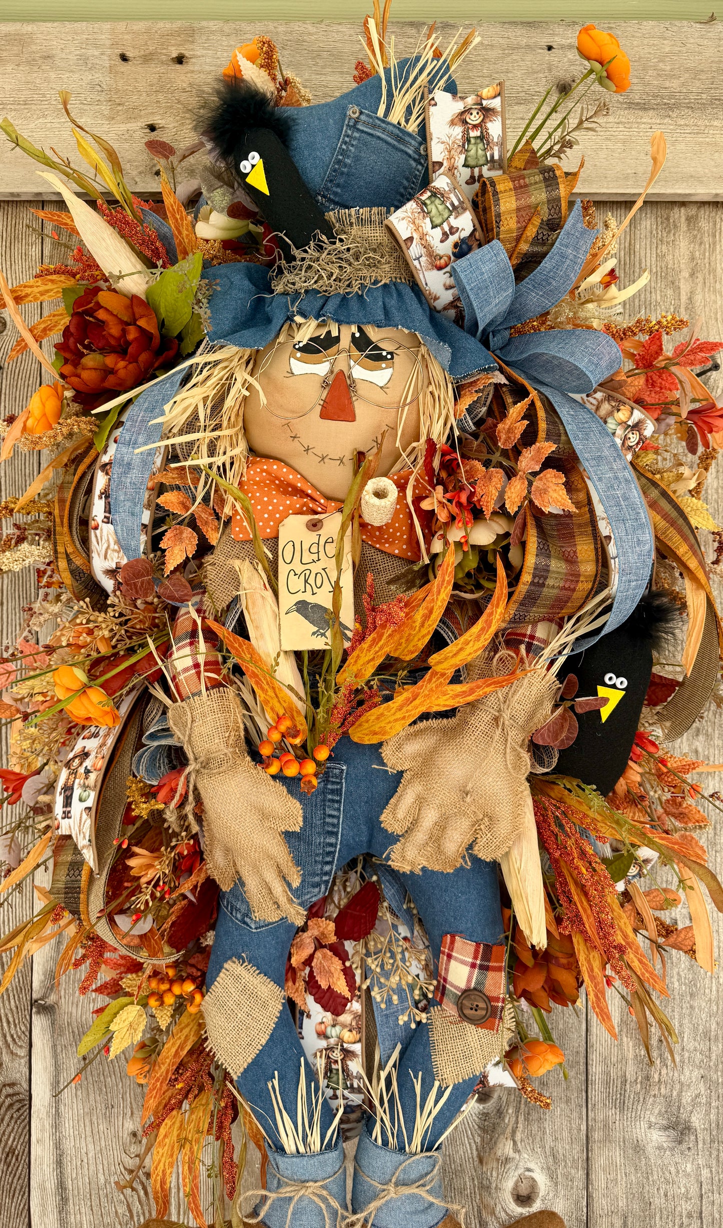 Rustic Denim Scarecrow Fall Wreath – Handmade Autumn Front Door Décor