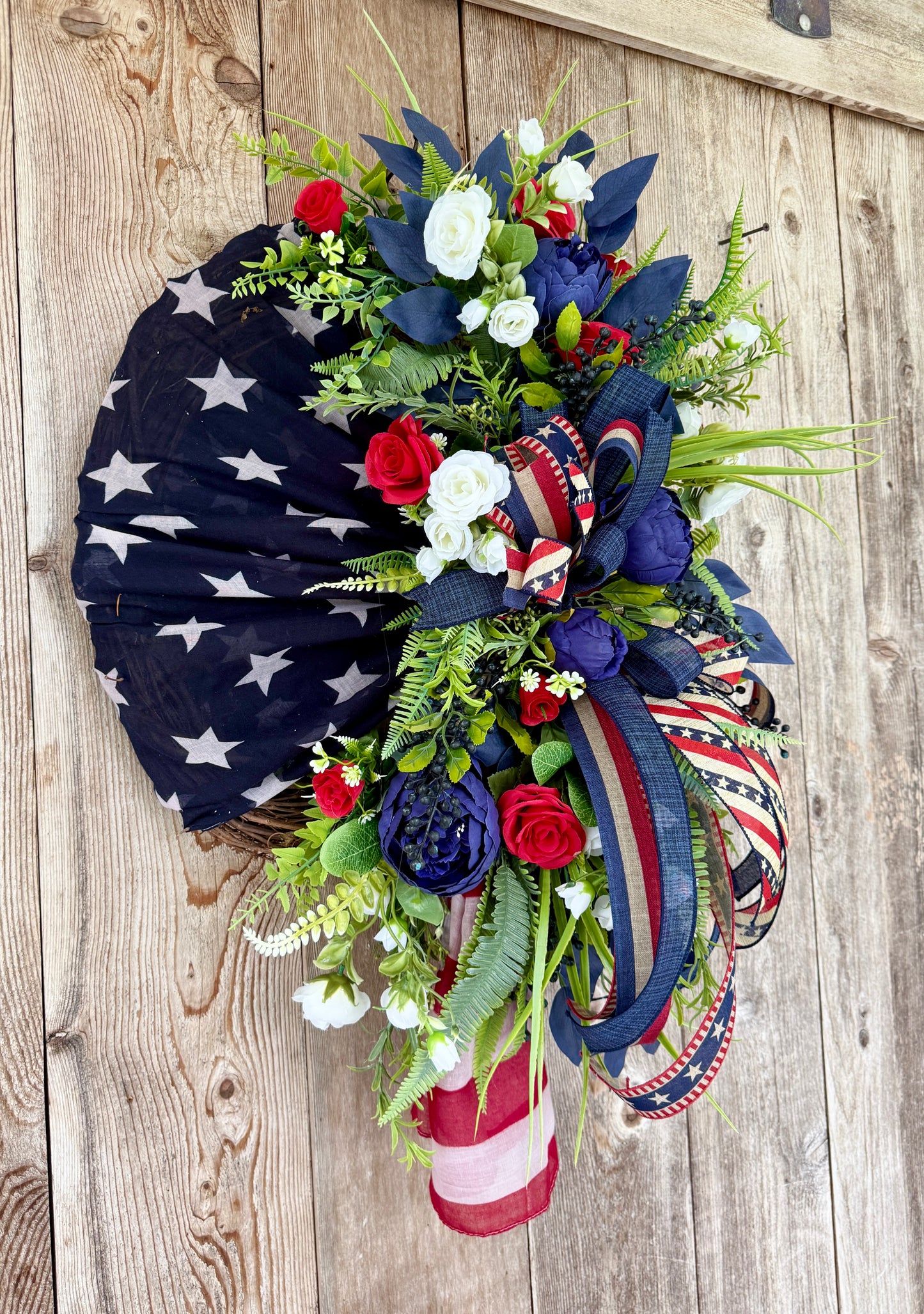 Patriotic Wreath with Floral Swag | Americana Front Door Decor | Memorial Day Wreath | Fourth of July Door Hanger | Red White Blue Summer Wreath