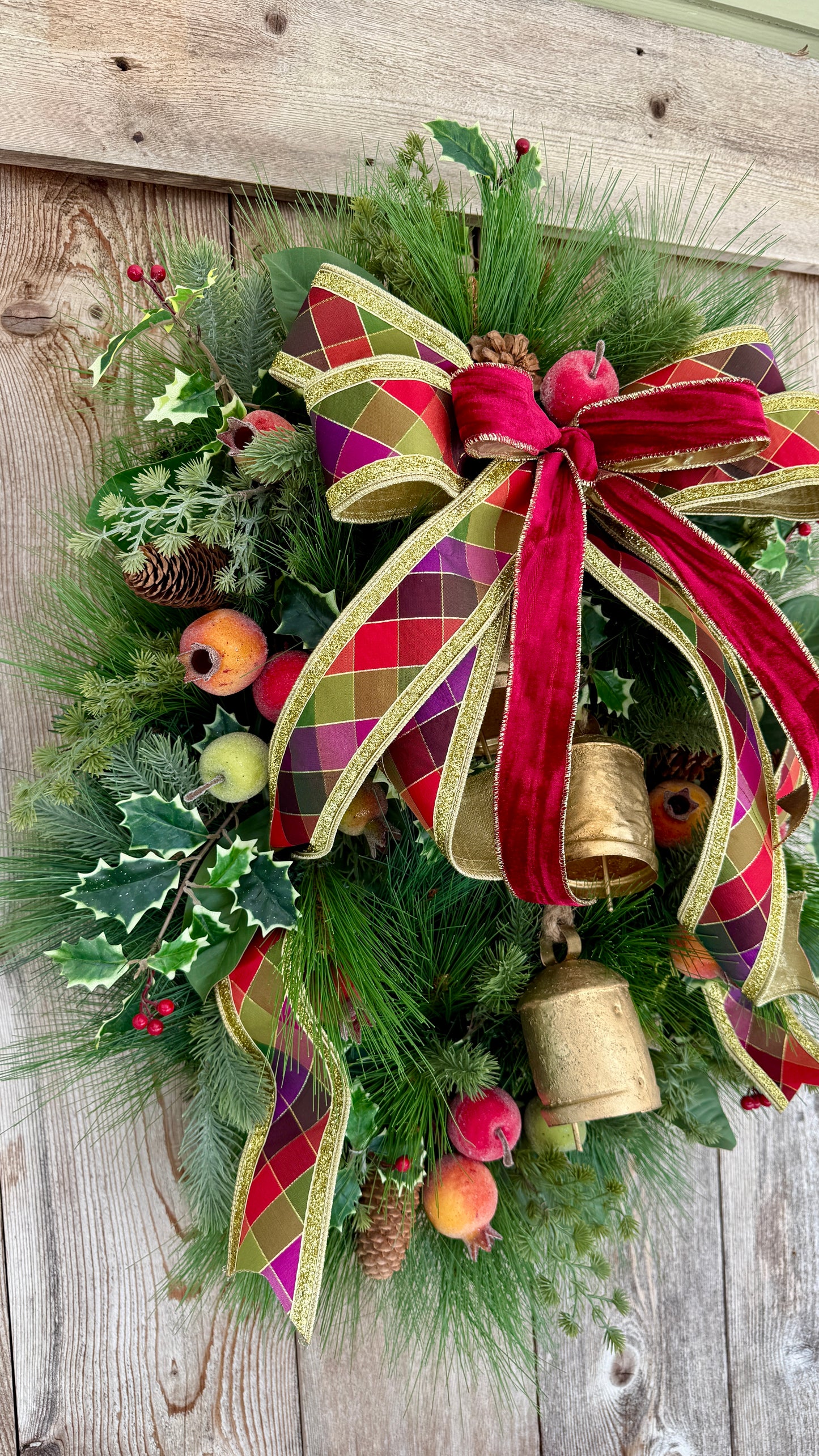 Traditional Williamsburg Wreath | Elegant Holiday Front Door Wreath with Gold Bells, Pine, Holly & Velvet Bow | Classic Christmas Door Decor