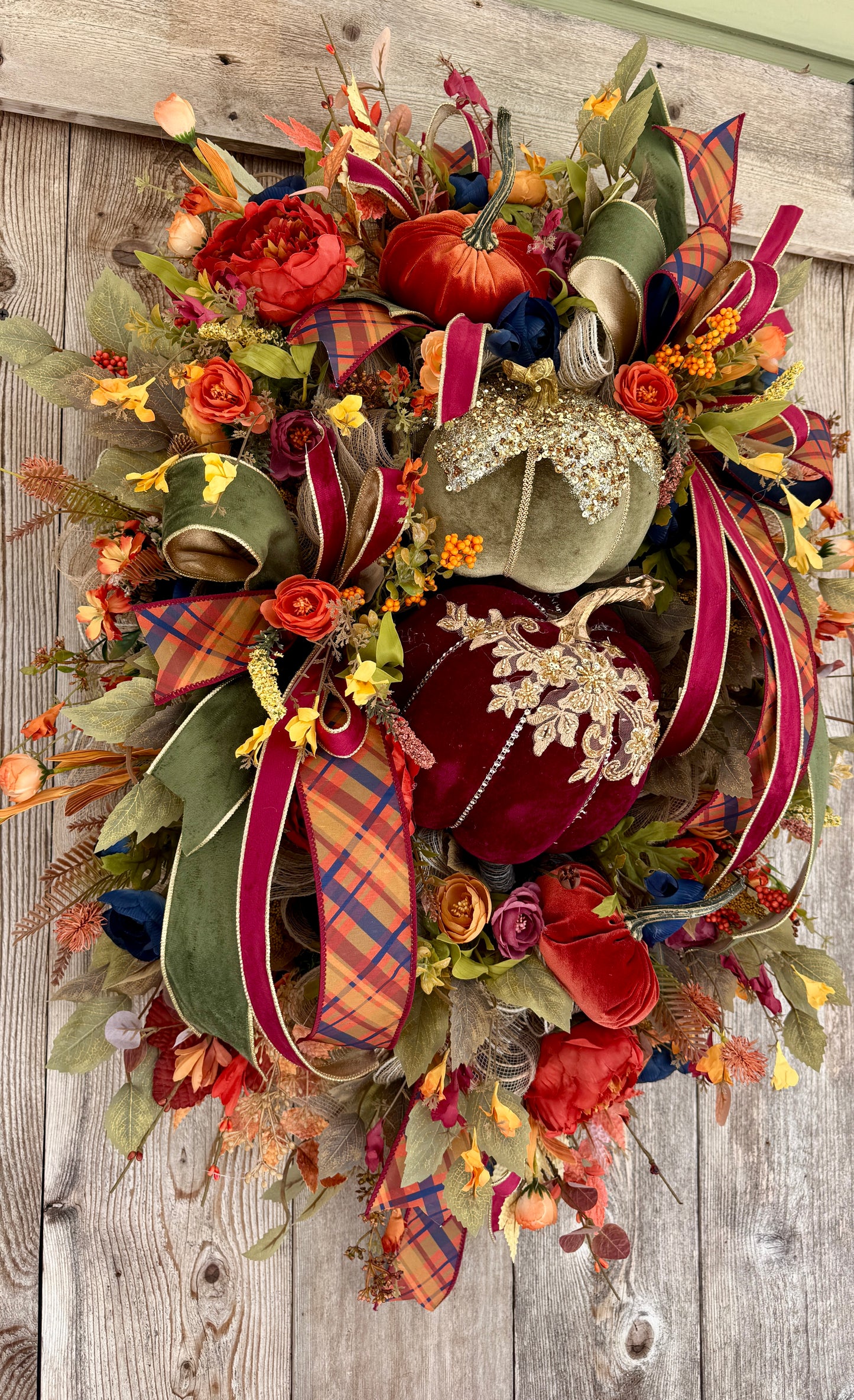 Luxury Fall Pumpkin Wreath | Elegant Velvet Pumpkin Door Decor | Designer Autumn Floral Wreath | Thanksgiving Front Door Decor
