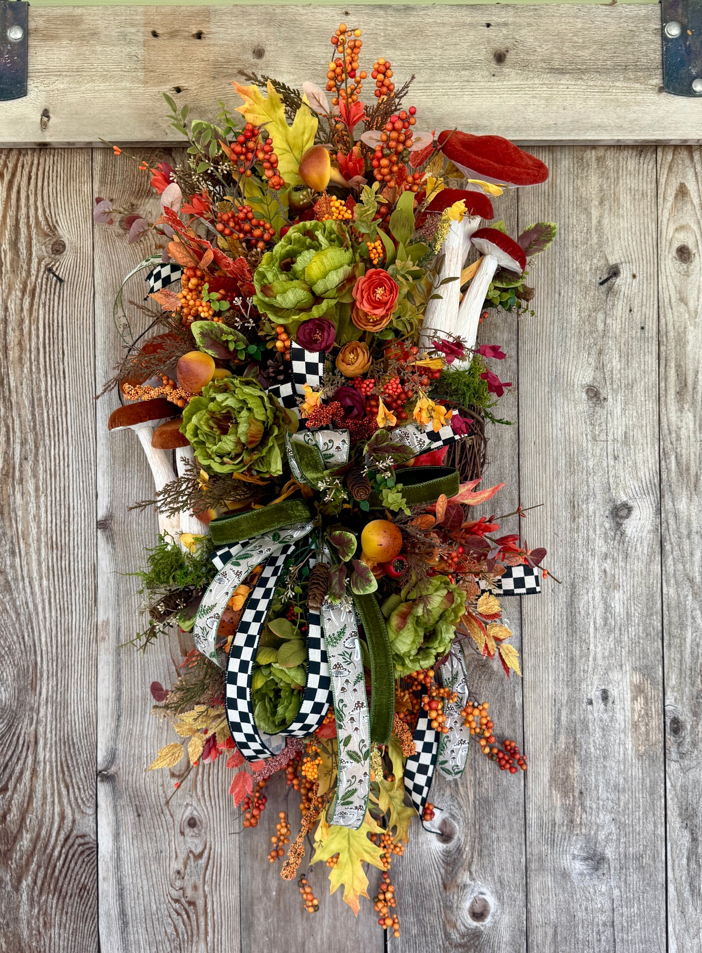 Large Fall Mushroom Grapevine Wreath | Whimsical Autumn Door Hanger with Faux Mushrooms, Pumpkins, Green Cabbage Roses & Designer Ribbon