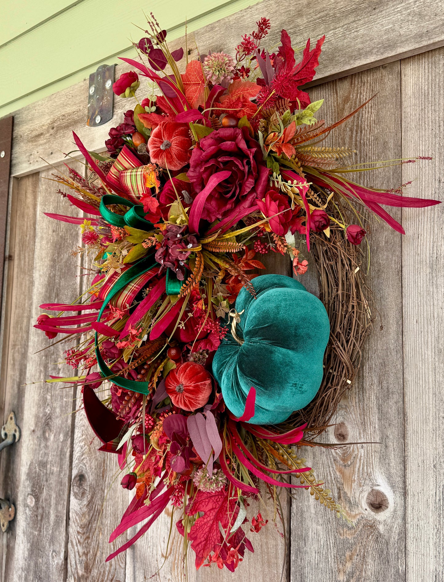 Velvet Pumpkin & Autumn Harvest Grapevine Wreath