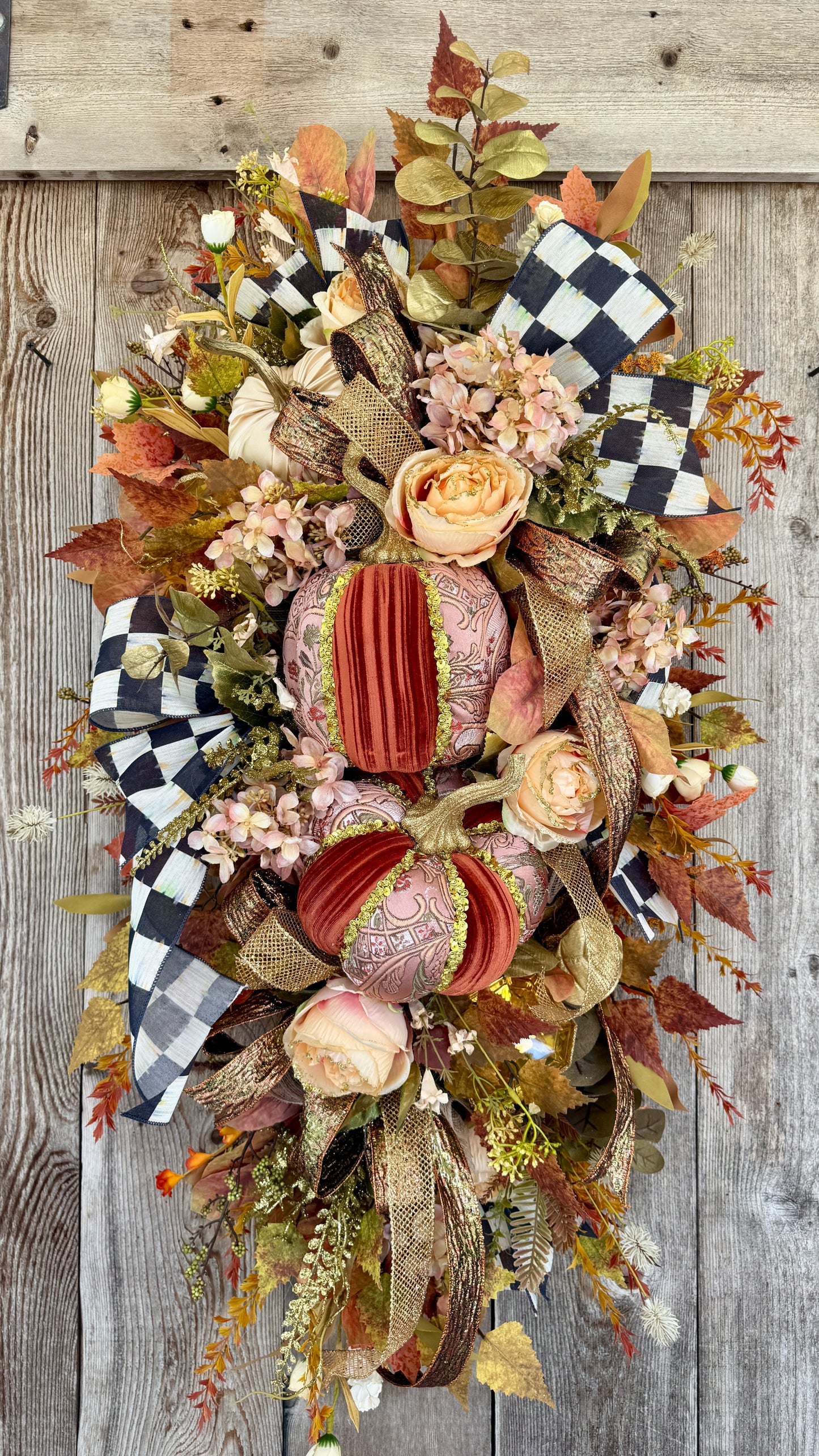Elegant Velvet Pumpkin Fall Swag | Luxury Autumn Floral Door Swag | Black & White Checkered Fall Door Decor