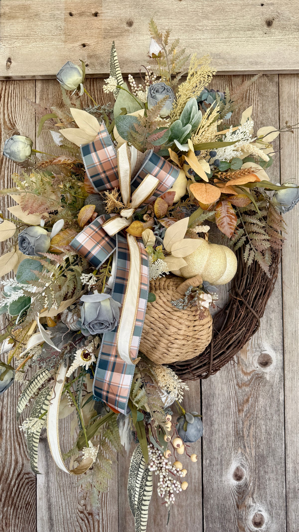 Neutral Blue Pumpkin Fall Grapevine Wreath
