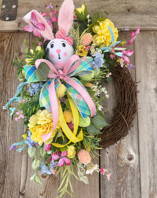 🐰 Pastel Bunny Spring Grapevine Wreath – Handmade Door Décor