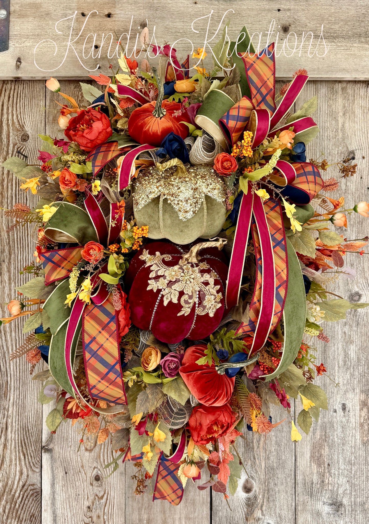 Luxury Fall Pumpkin Wreath | Elegant Velvet Pumpkin Door Decor | Designer Autumn Floral Wreath | Thanksgiving Front Door Decor
