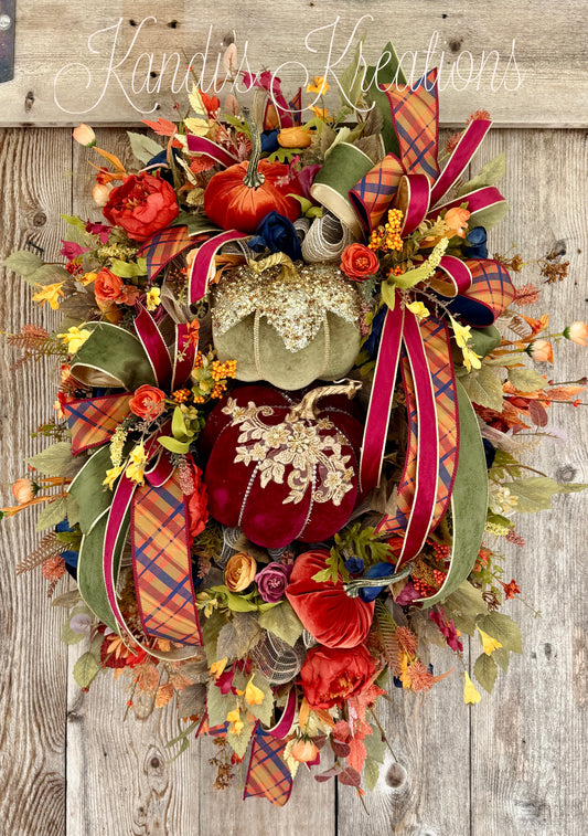 Luxury Fall Pumpkin Wreath | Elegant Velvet Pumpkin Door Decor | Designer Autumn Floral Wreath | Thanksgiving Front Door Decor