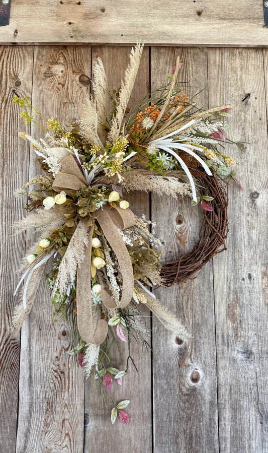 Neutral Pampas Grass Grapevine Wreath | Rustic Farmhouse Front Door Wreath | Everyday Floral Wreath | Boho Door Hanger | Year-Round Home Decor