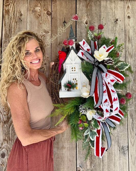 Cardinal Church Lighted Grapevine Wreath