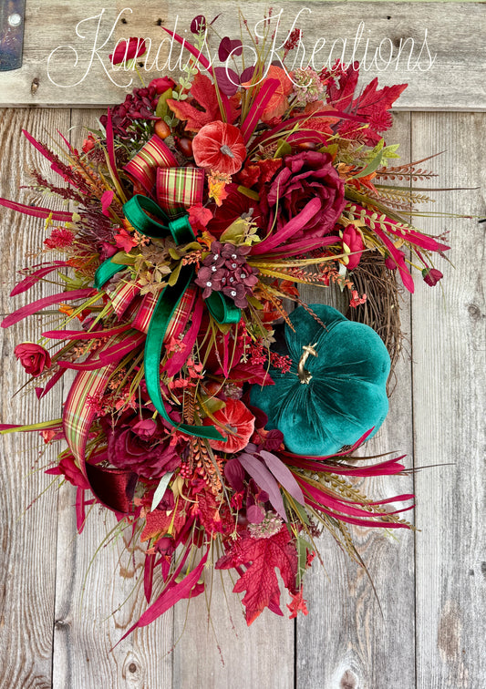 Velvet Pumpkin & Autumn Harvest Grapevine Wreath
