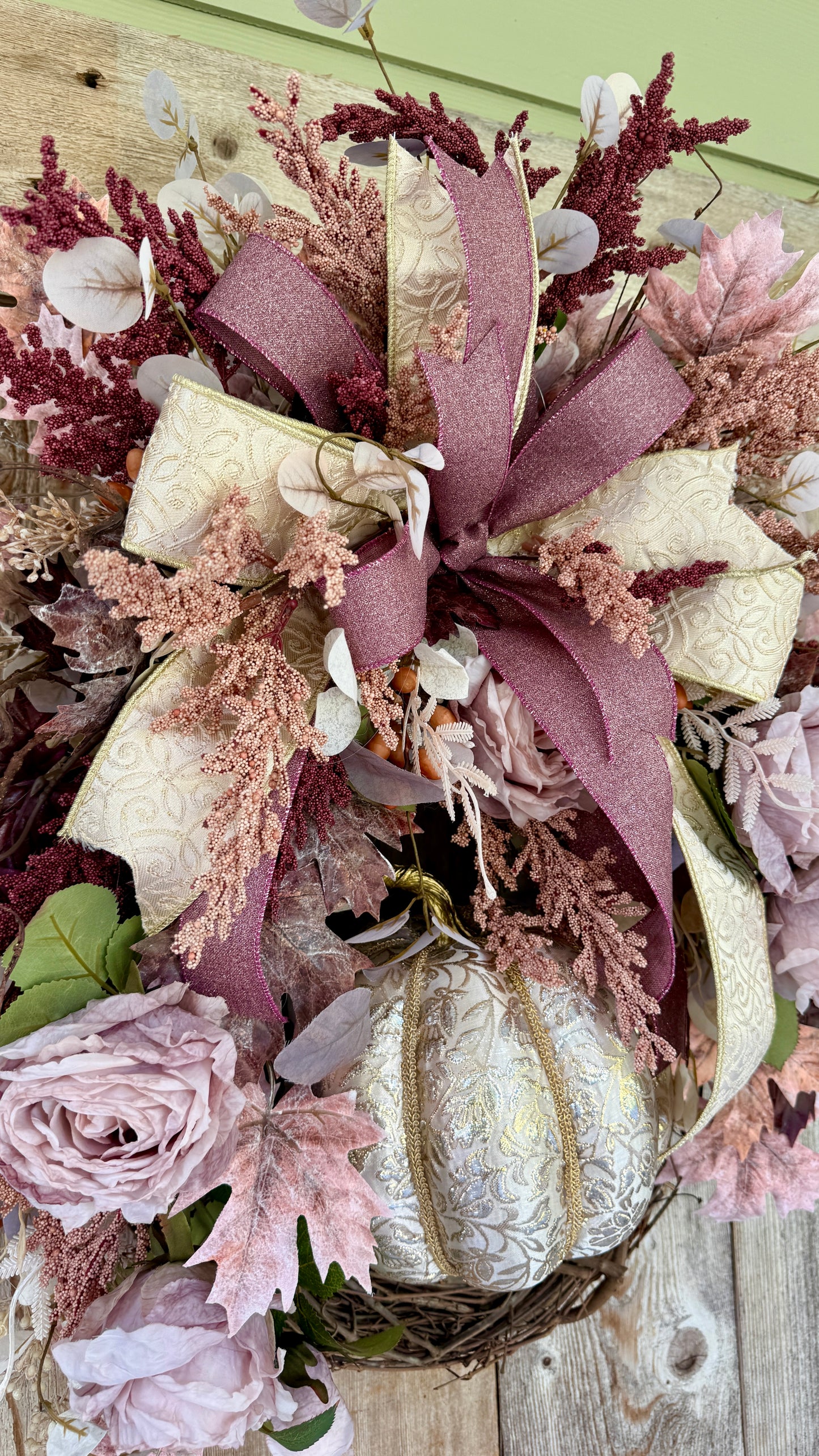 Elegant Blush & Burgundy Fall Wreath with Pumpkin | Romantic Autumn Grapevine Wreath