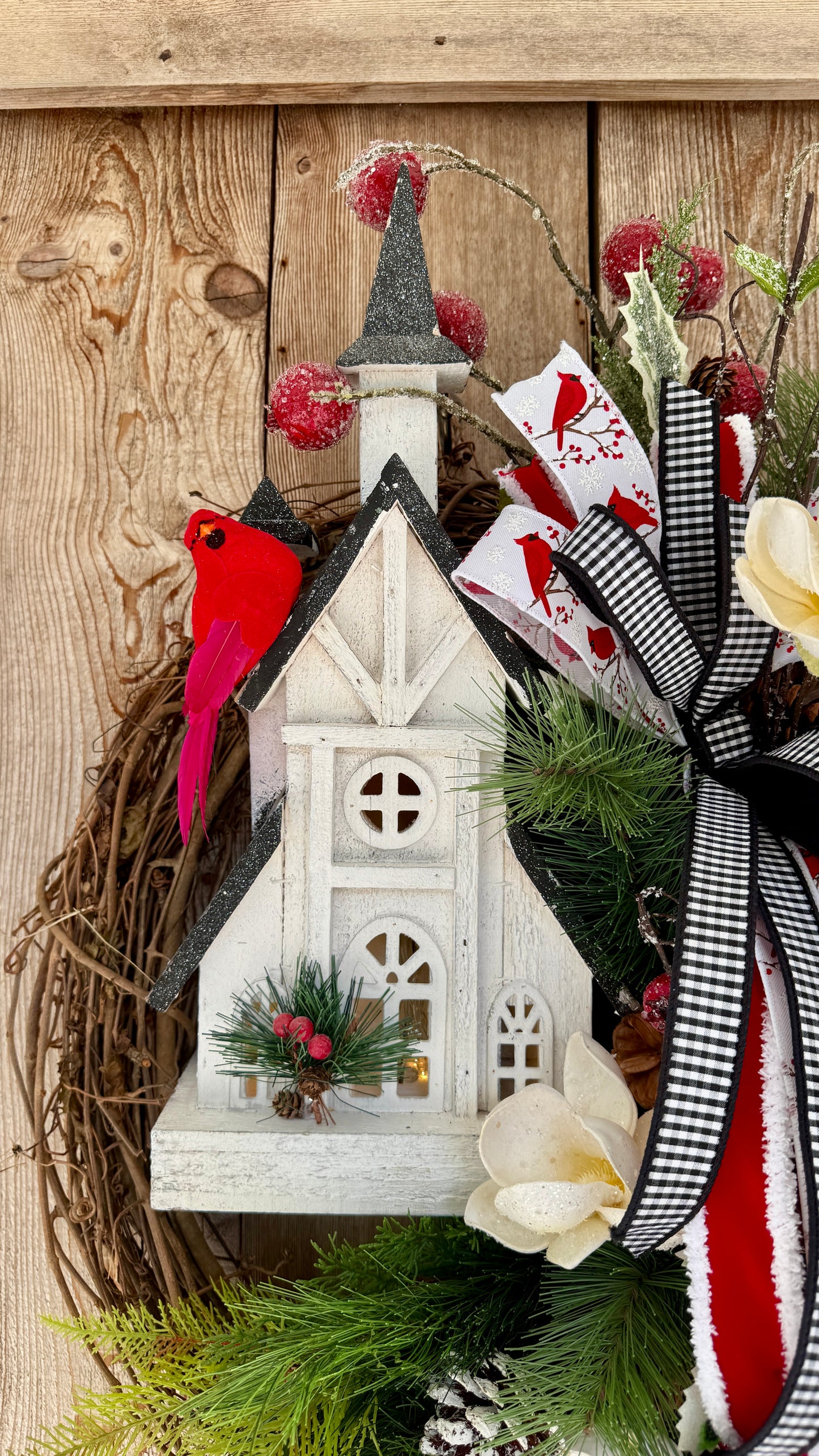 Cardinal Church Lighted Grapevine Wreath