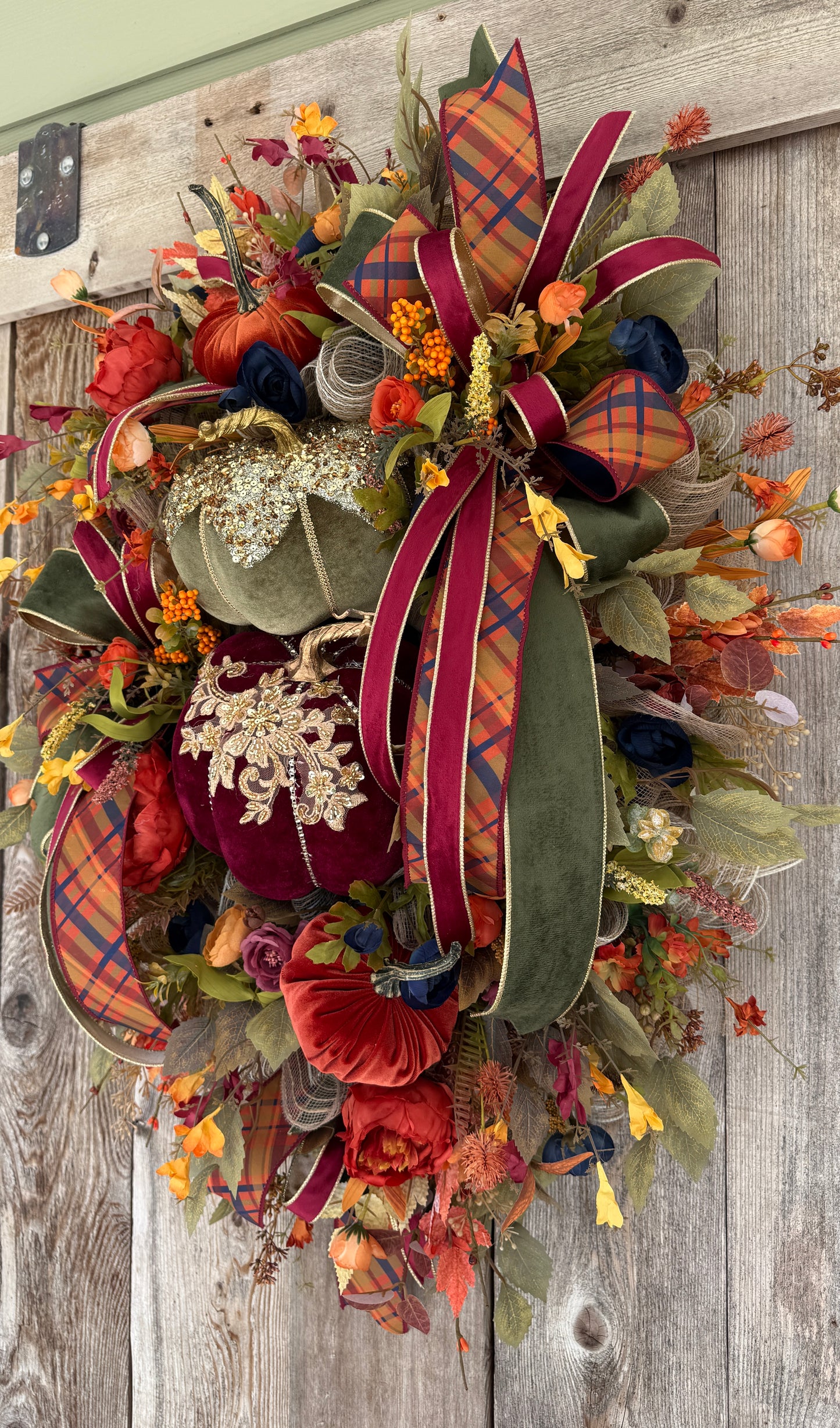 Luxury Fall Pumpkin Wreath | Elegant Velvet Pumpkin Door Decor | Designer Autumn Floral Wreath | Thanksgiving Front Door Decor