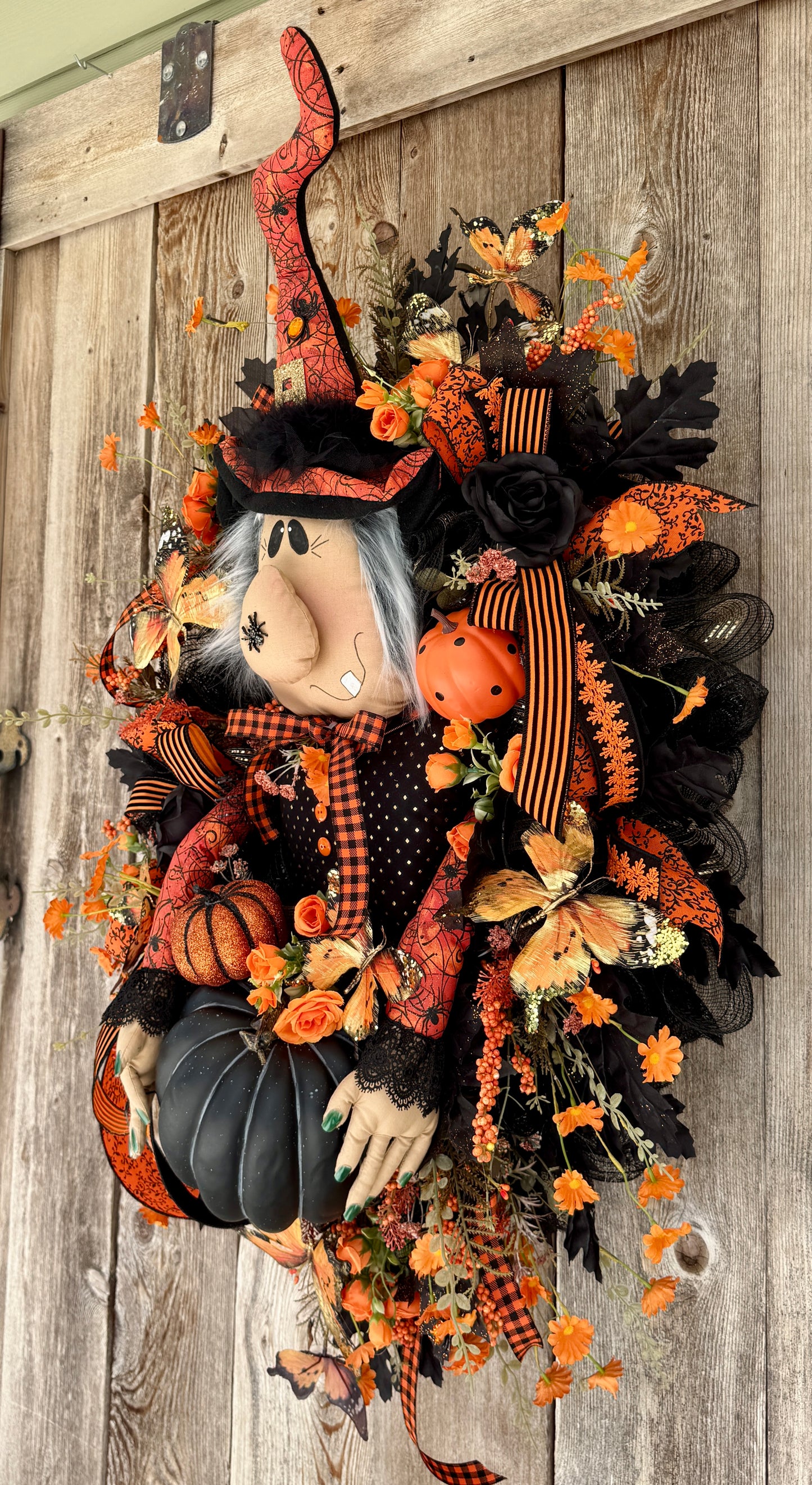 Halloween Witch Wreath for Front Door | Whimsical Witch Decor with Plush Witch, Black & Orange Pumpkins, Butterflies & Florals | Handmade Fall Door Hanger