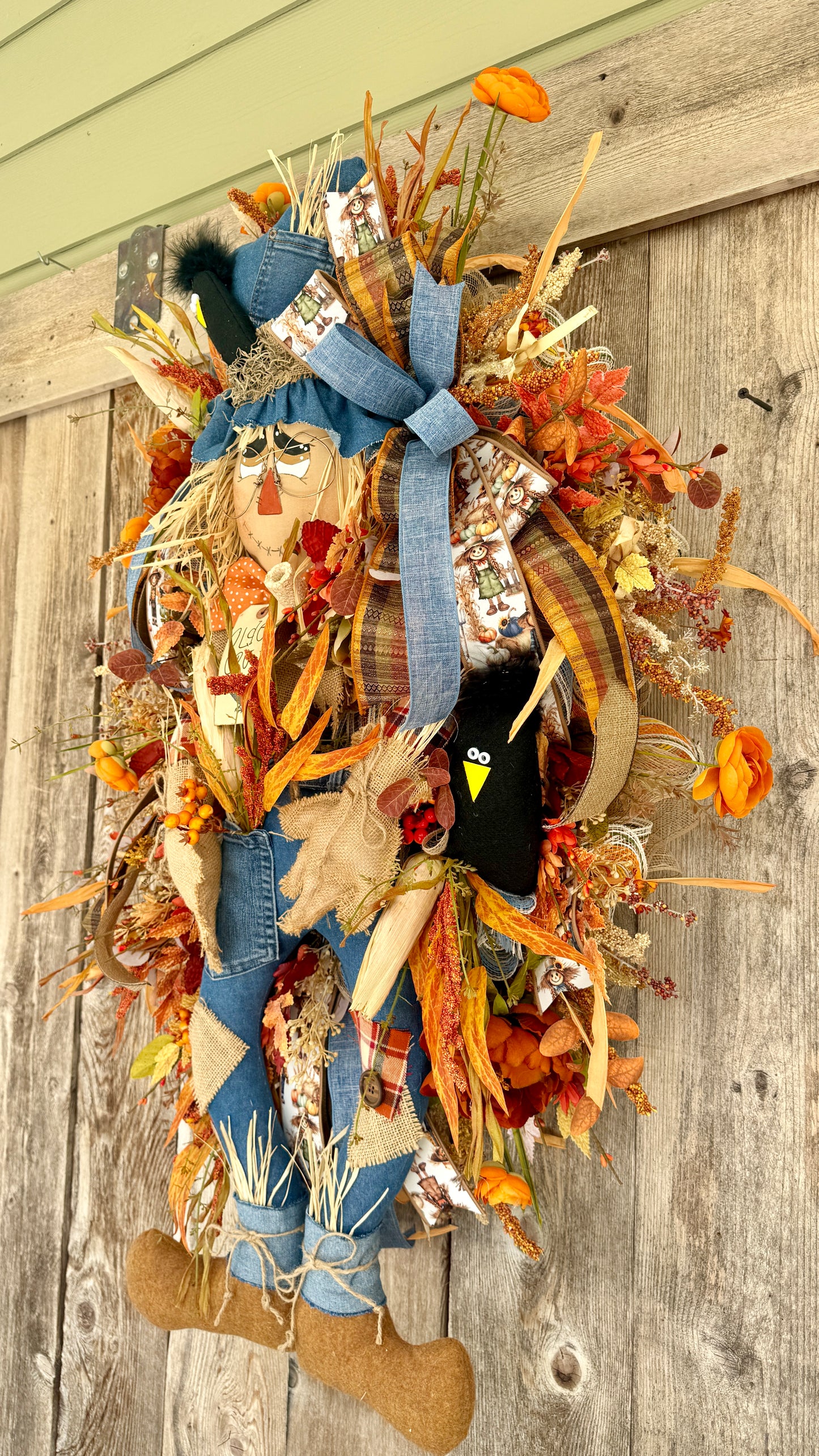 Rustic Denim Scarecrow Fall Wreath – Handmade Autumn Front Door Décor