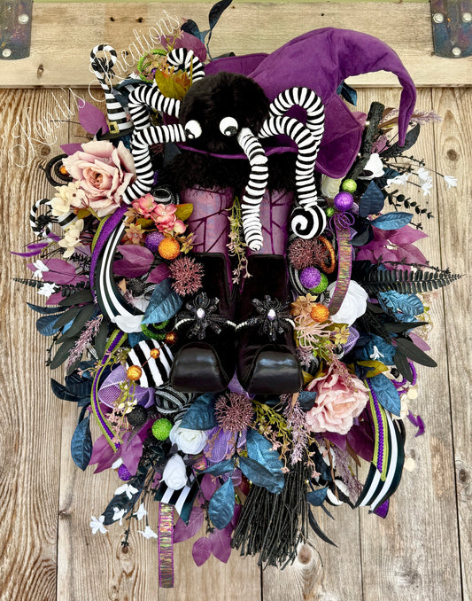 Whimsical Witch & Spider Light-Up Halloween Wreath