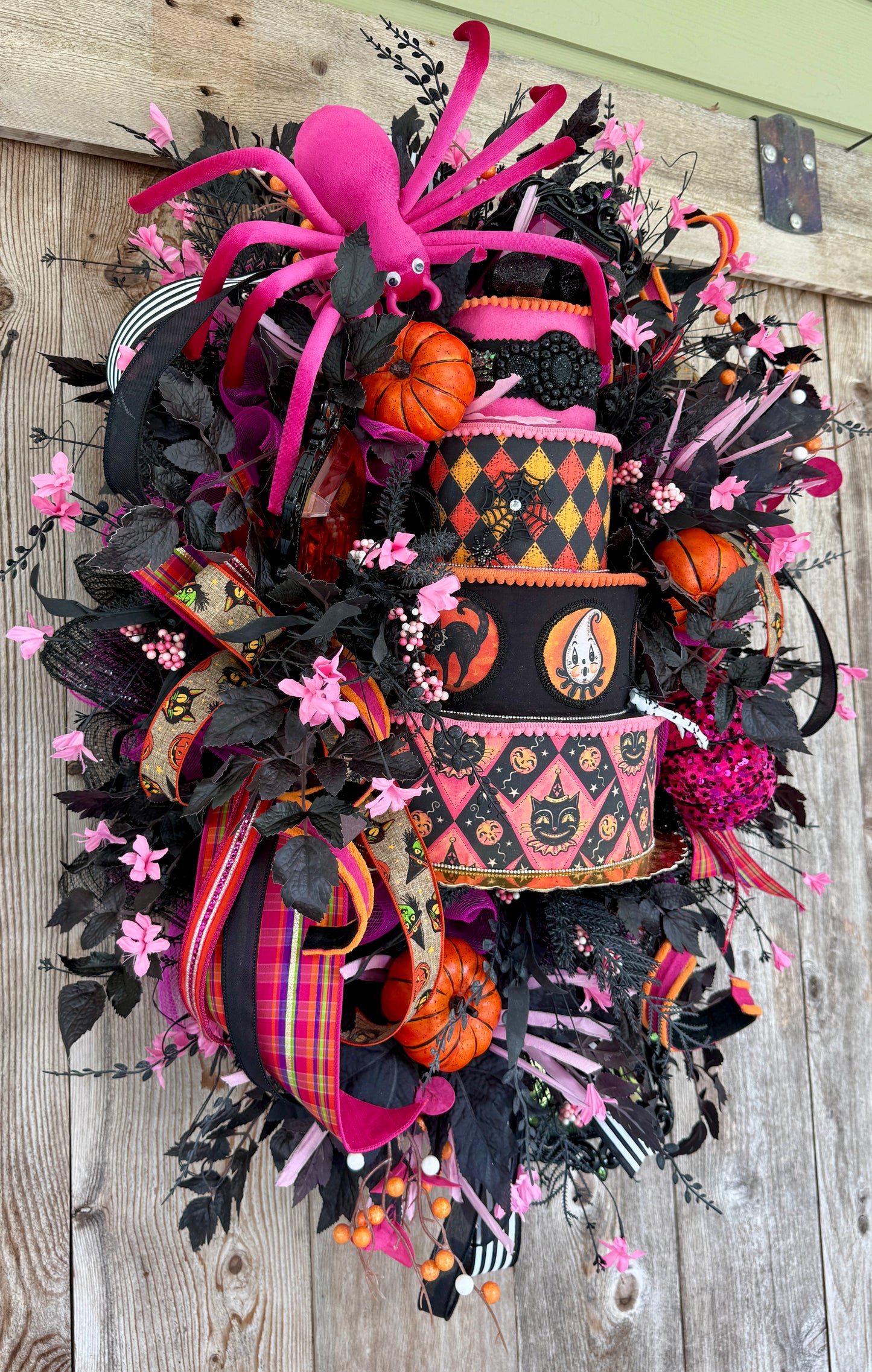 Whimsical Pink & Black Halloween Deco Mesh Wreath