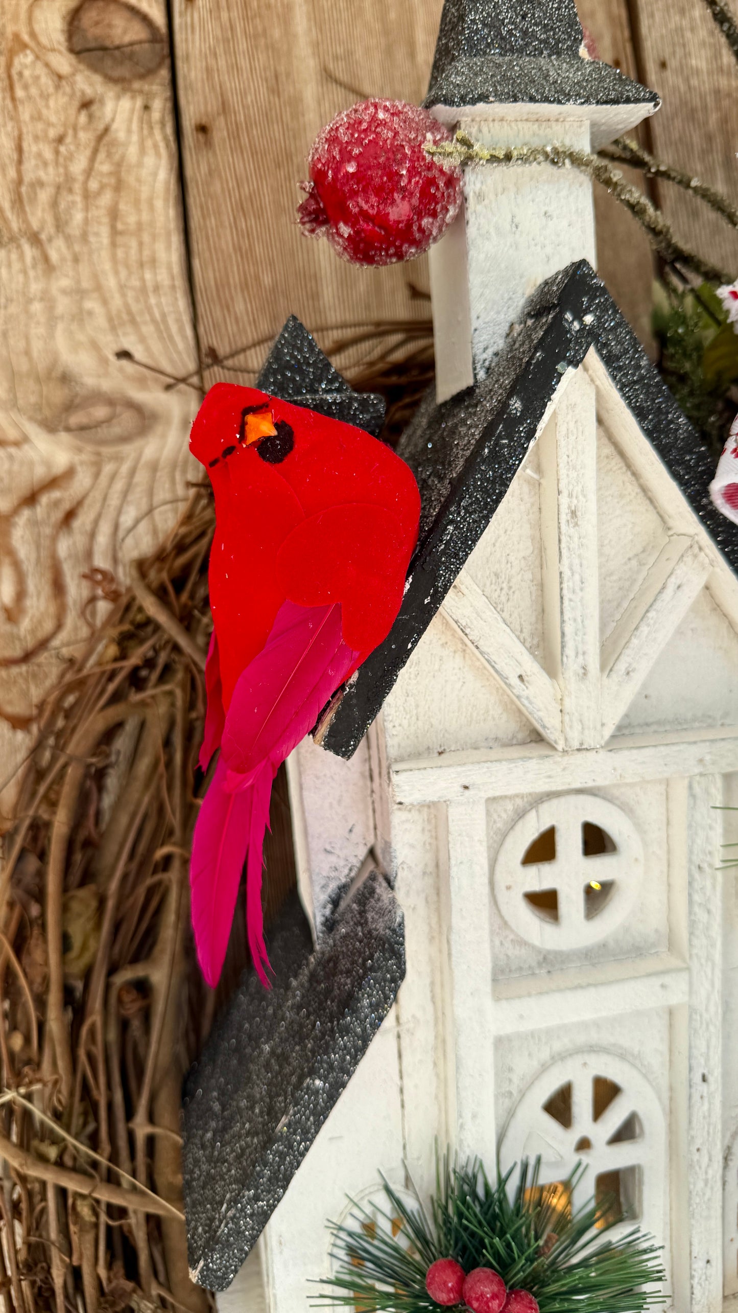 Cardinal Church Lighted Grapevine Wreath
