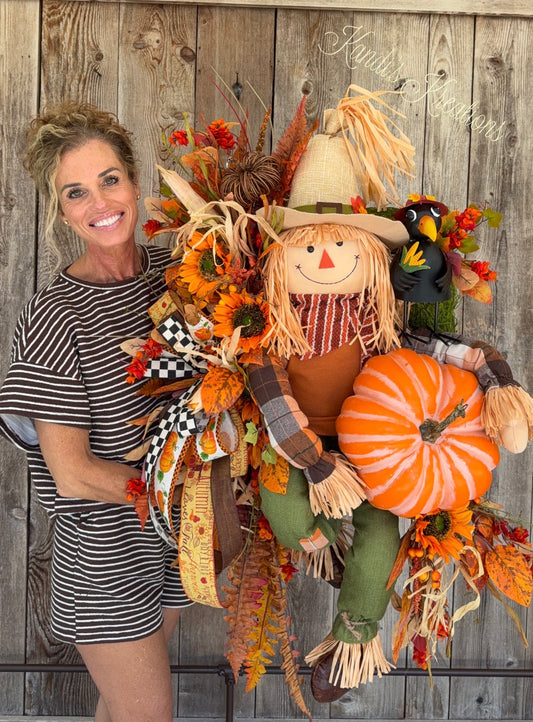 Whimsical Scarecrow Fall Wreath | Pumpkin & Sunflower Autumn Door Hanger | Handmade Harvest Front Door Decor | Thanksgiving Porch Decoration