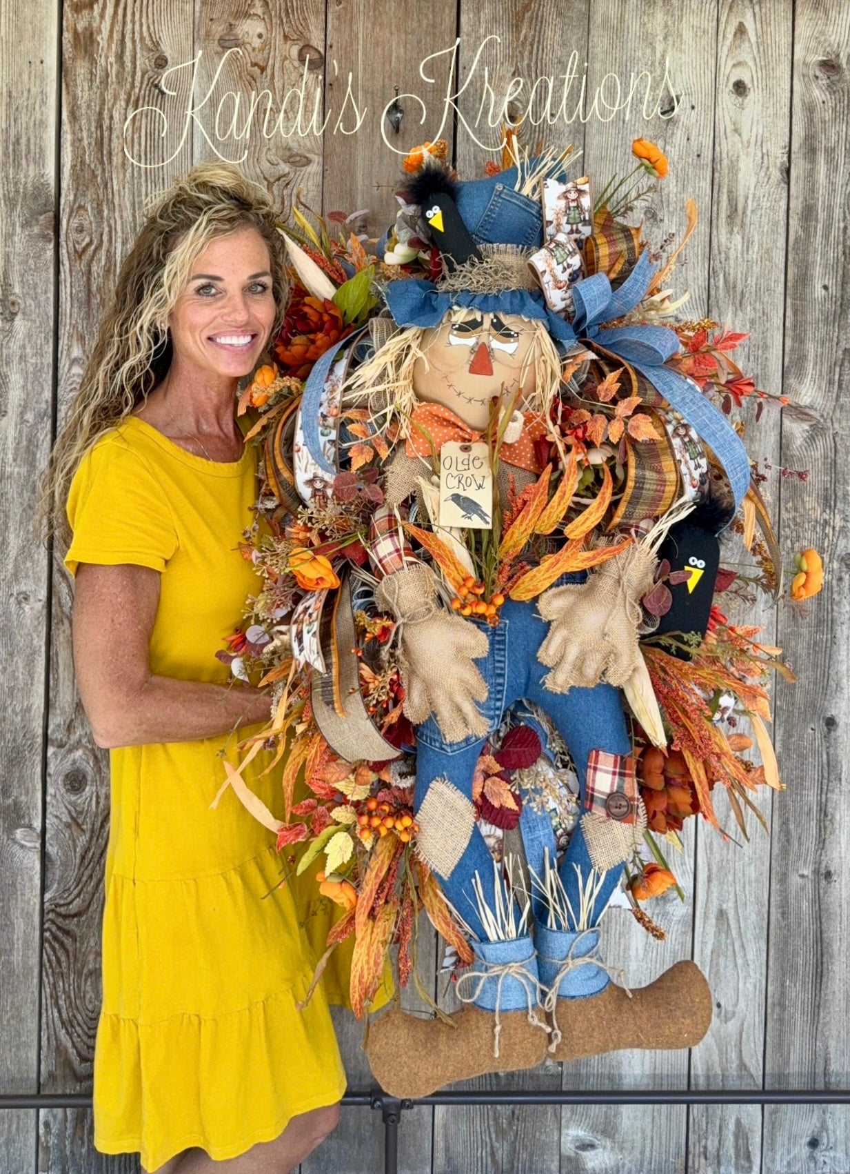 Rustic Denim Scarecrow Fall Wreath – Handmade Autumn Front Door Décor
