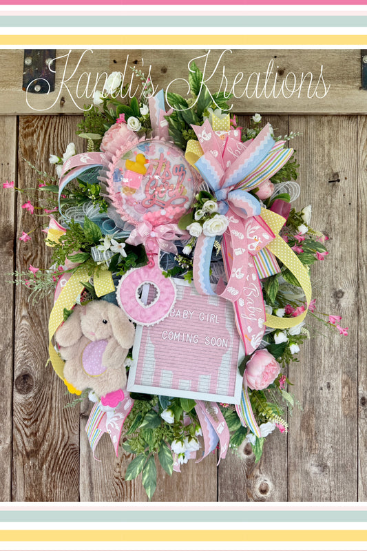 Baby Girl Keepsake Deco Mesh Wreath – Personalized Baby Shower & Nursery Door Hanger