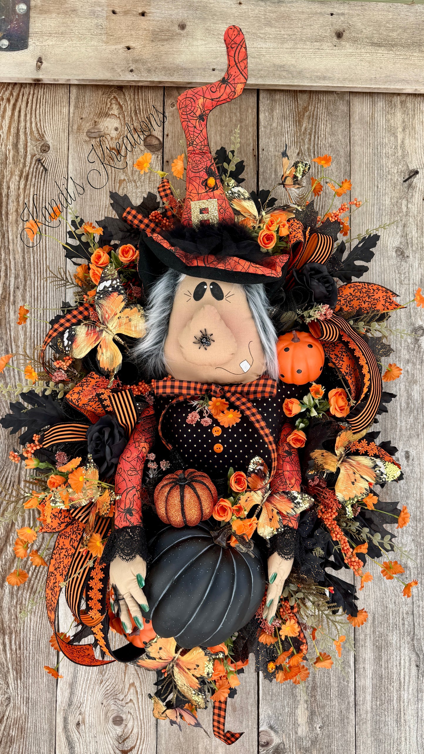 Halloween Witch Wreath for Front Door | Whimsical Witch Decor with Plush Witch, Black & Orange Pumpkins, Butterflies & Florals | Handmade Fall Door Hanger