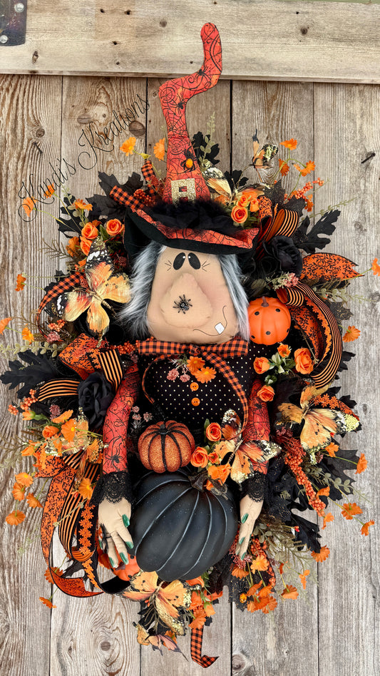 Halloween Witch Wreath for Front Door | Whimsical Witch Decor with Plush Witch, Black & Orange Pumpkins, Butterflies & Florals | Handmade Fall Door Hanger