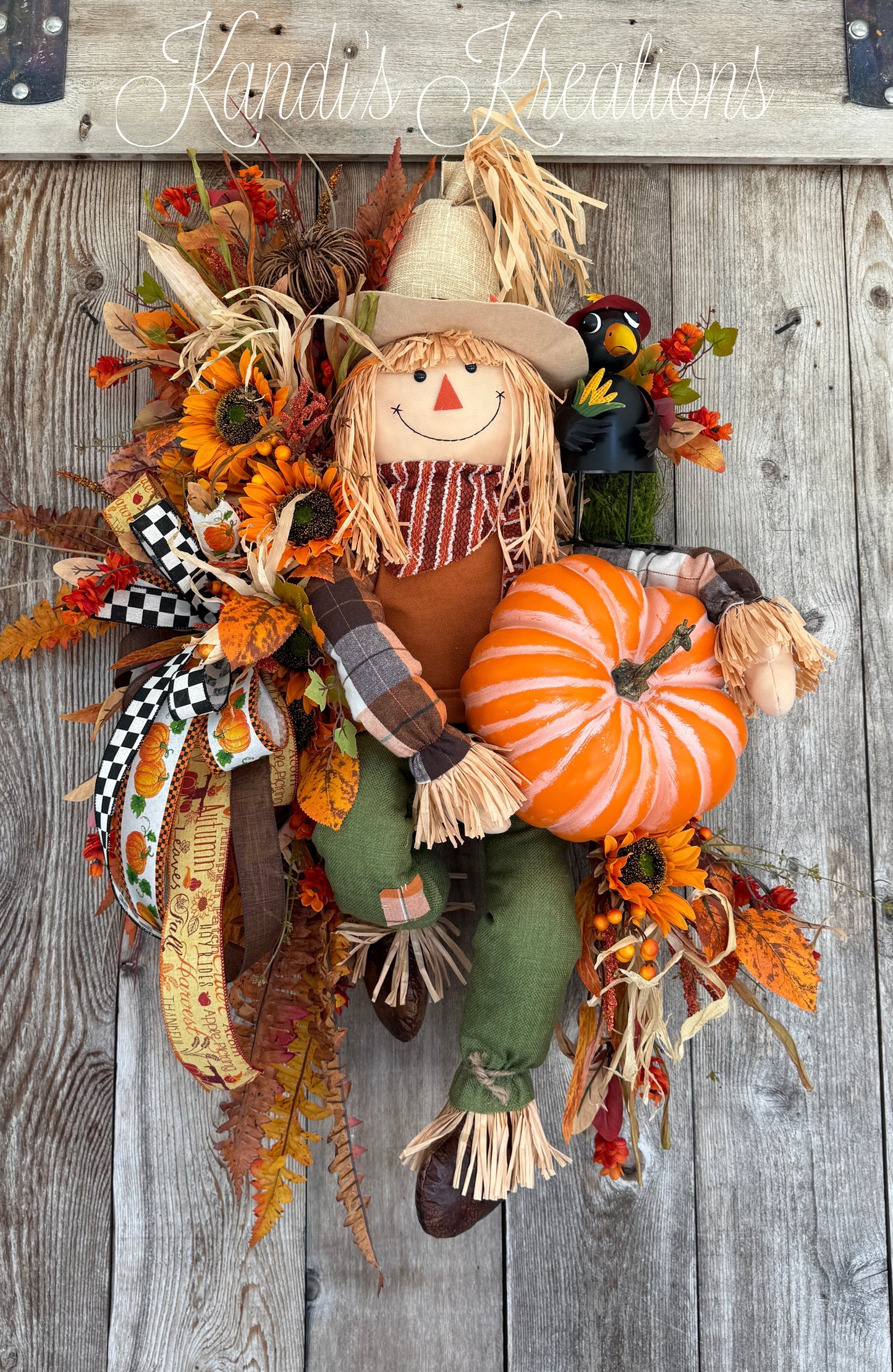 Whimsical Scarecrow Fall Wreath | Pumpkin & Sunflower Autumn Door Hanger | Handmade Harvest Front Door Decor | Thanksgiving Porch Decoration