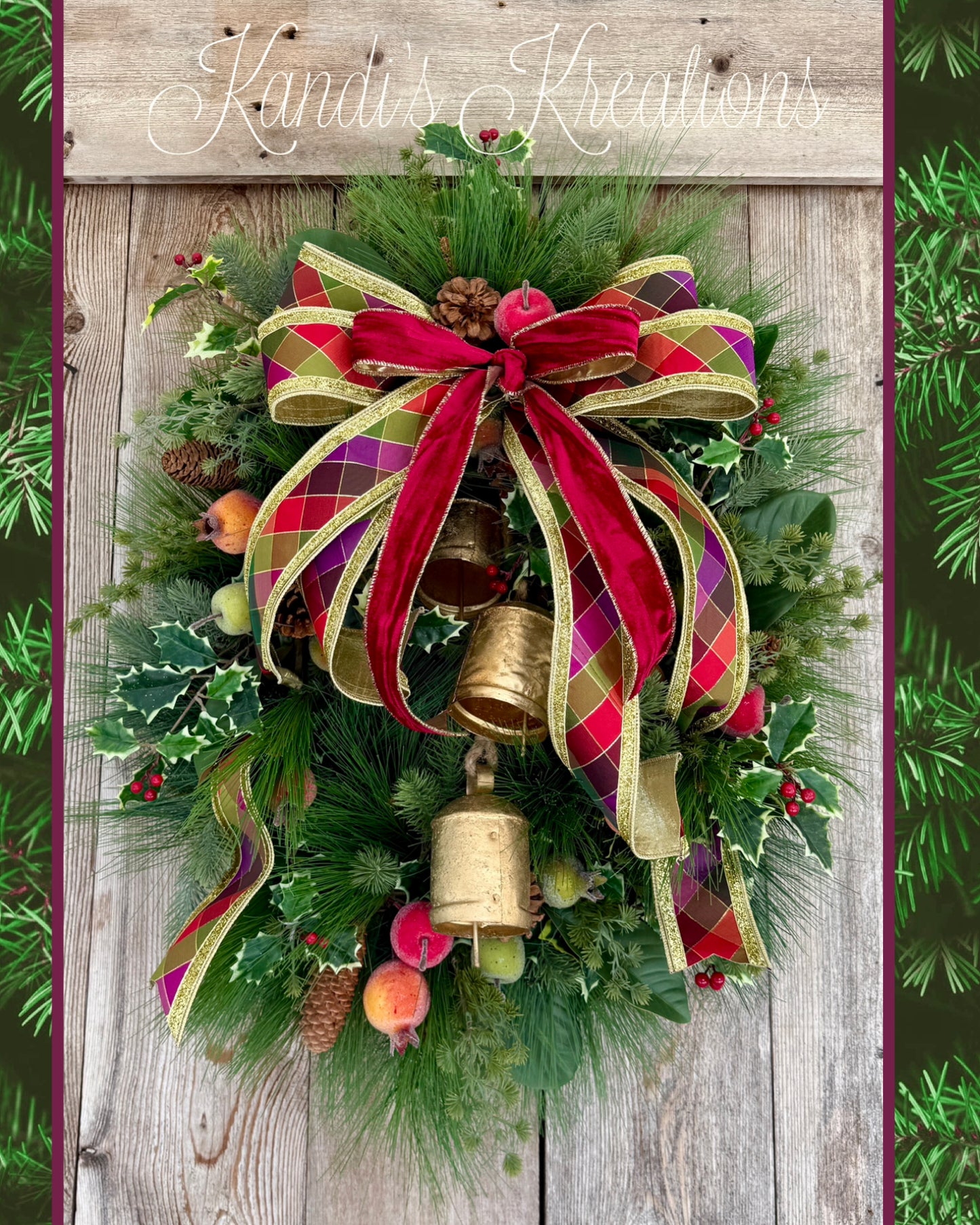 Traditional Williamsburg Wreath | Elegant Holiday Front Door Wreath with Gold Bells, Pine, Holly & Velvet Bow | Classic Christmas Door Decor