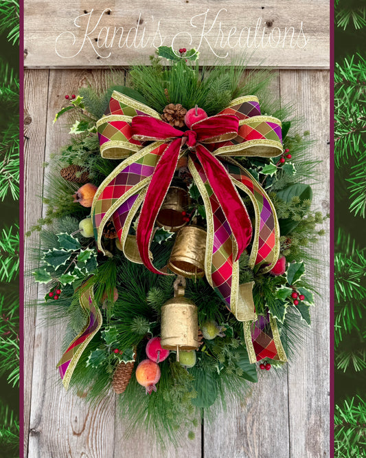 Traditional Williamsburg Wreath | Elegant Holiday Front Door Wreath with Gold Bells, Pine, Holly & Velvet Bow | Classic Christmas Door Decor