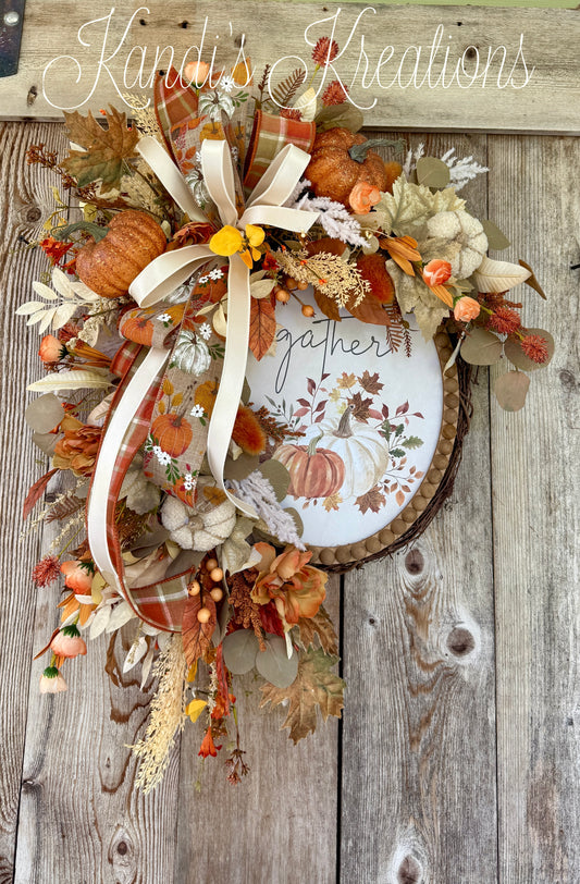 Gather Pumpkin Oval Wreath – Handmade Fall Door Decor