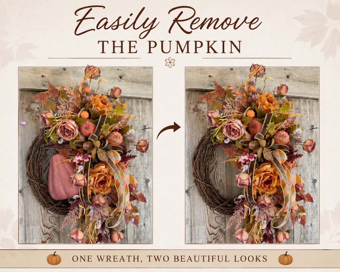 Removable Pumpkin Fall Grapevine Wreath | 2-in-1 Autumn Front Door Wreath | Convertible Seasonal Decor