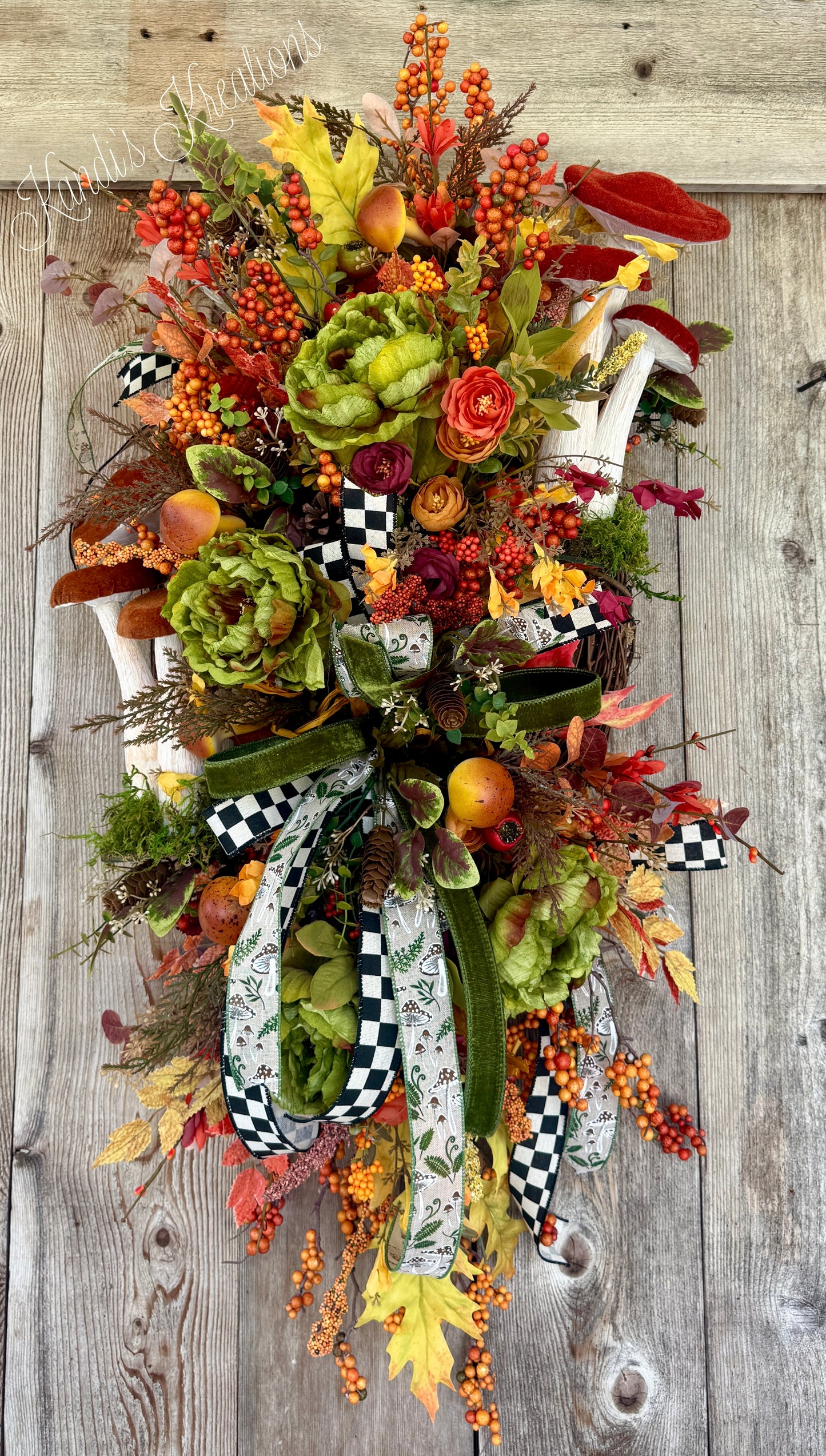Large Fall Mushroom Grapevine Wreath | Whimsical Autumn Door Hanger with Faux Mushrooms, Pumpkins, Green Cabbage Roses & Designer Ribbon