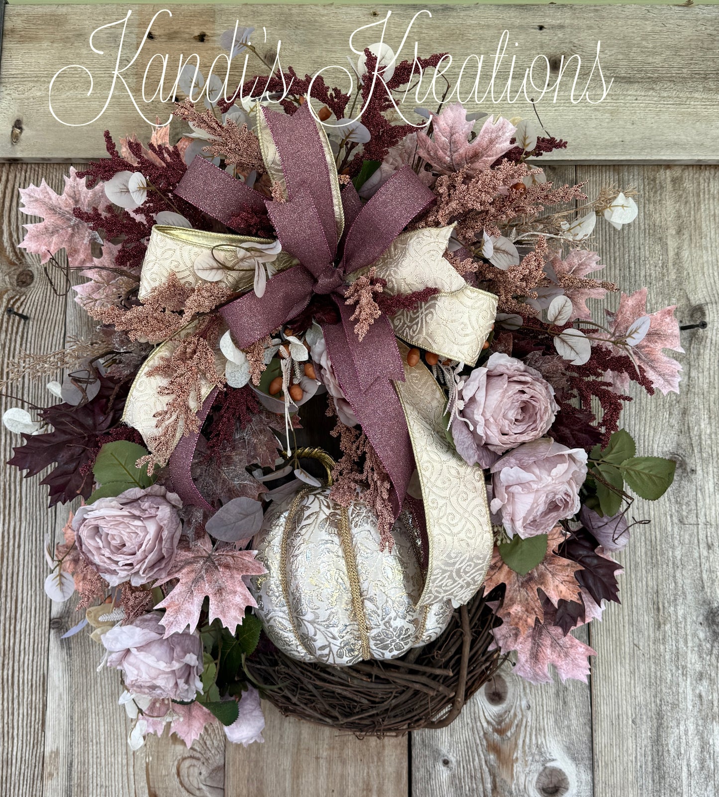 Elegant Blush & Burgundy Fall Wreath with Pumpkin | Romantic Autumn Grapevine Wreath