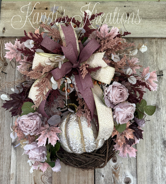 Elegant Blush & Burgundy Fall Wreath with Pumpkin | Romantic Autumn Grapevine Wreath