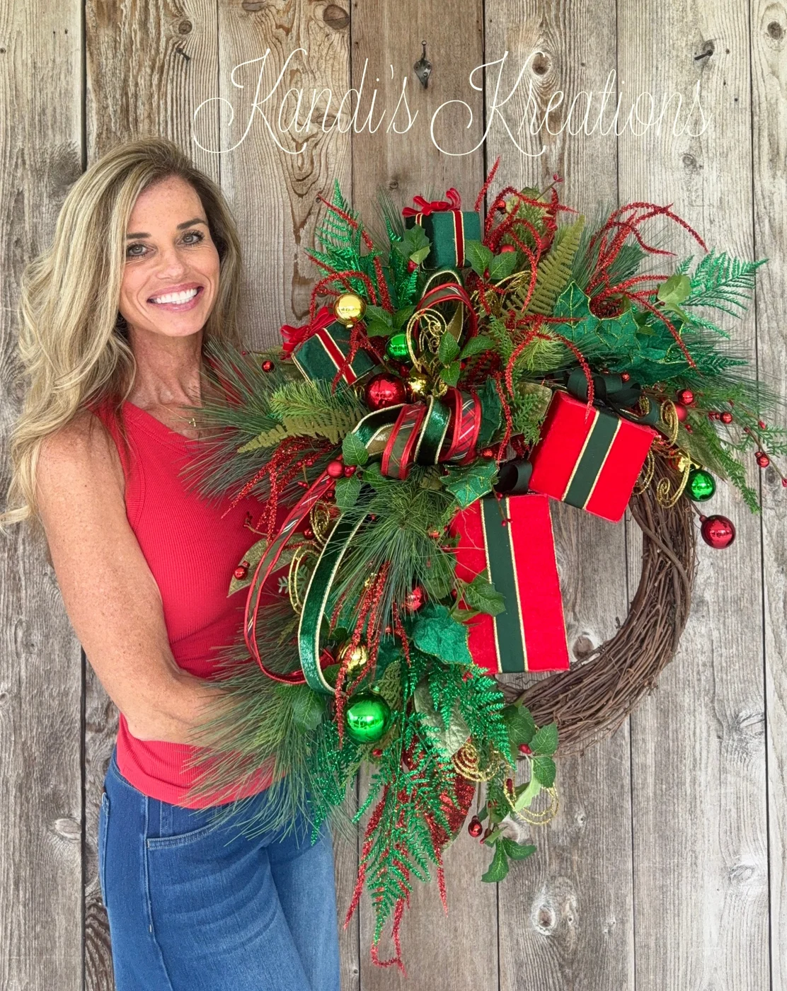 Luxury Christmas Grapevine Wreath – Red, Green & Gold Holiday Door Decor